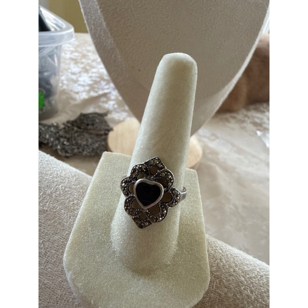 Vintage Sterling Silver 925 Heart Onyx Marcasite Ring Size 6.5 Gothic Victorian